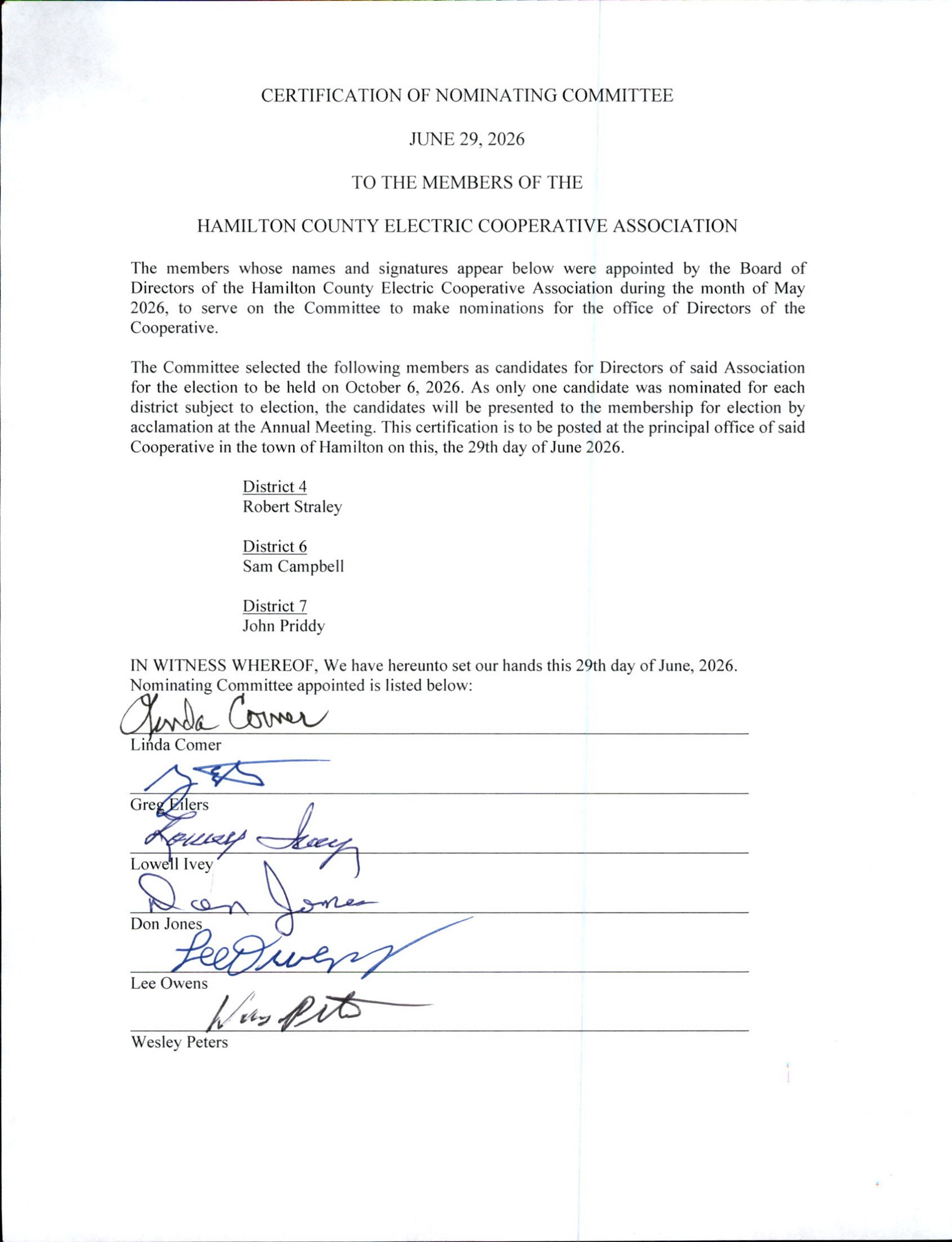 CERTIFICATION OF NOMINATING COMMITTEE WITH SIGNATURES